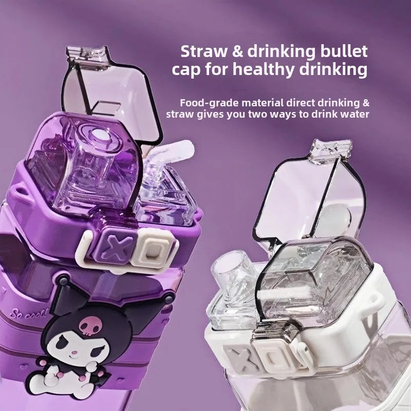 Sanrio Kuromi Kids Water Bottle – 520ml Large-Capacity Cute Cartoon Plastic Cup with Dual Drinking Options