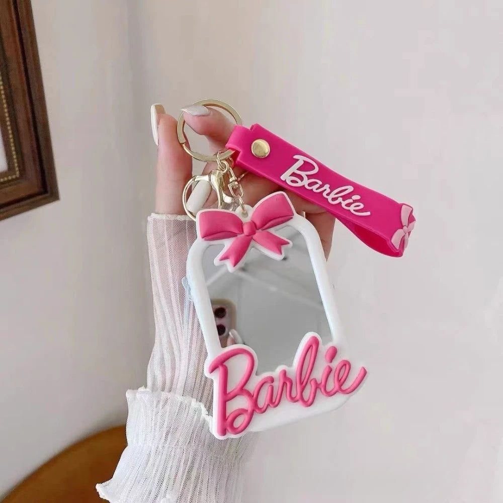 MINISO Pink Barbie Wallet Keychain – Silicone Bow Coin Pouch with Makeup Mirror & ID Holder | Cute Student Keyring Gift