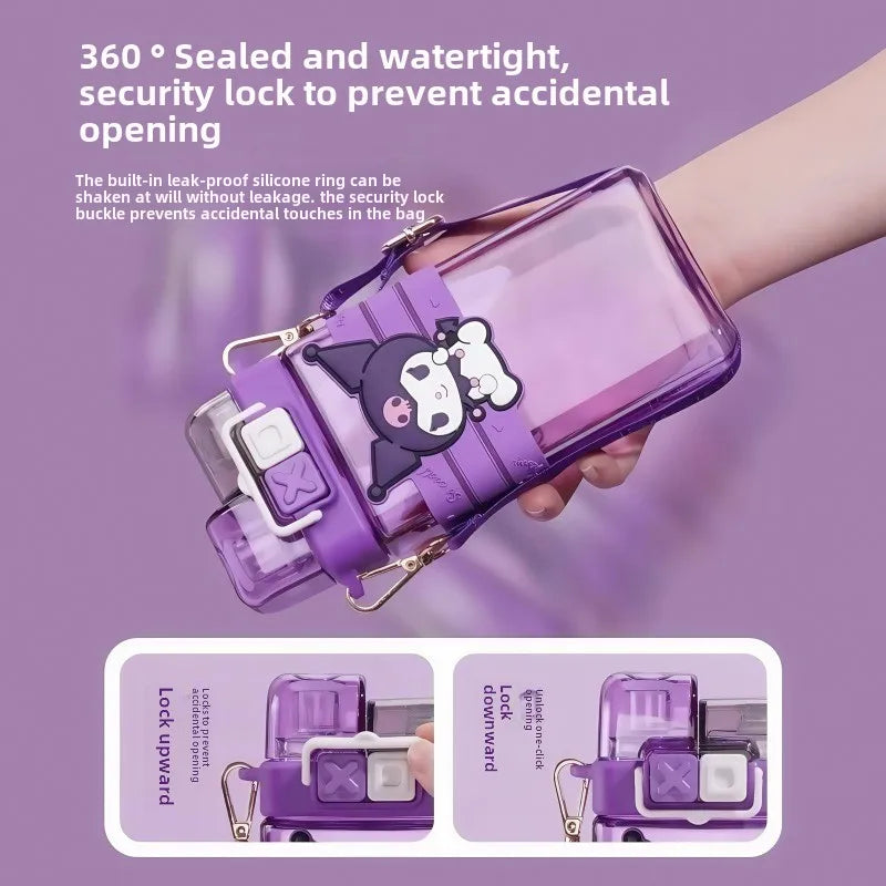 Sanrio Kuromi Kids Water Bottle – 520ml Large-Capacity Cute Cartoon Plastic Cup with Dual Drinking Options