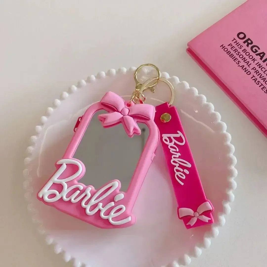 MINISO Pink Barbie Wallet Keychain – Silicone Bow Coin Pouch with Makeup Mirror & ID Holder | Cute Student Keyring Gift