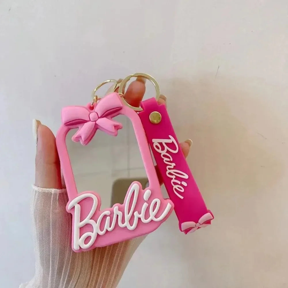 MINISO Pink Barbie Wallet Keychain – Silicone Bow Coin Pouch with Makeup Mirror & ID Holder | Cute Student Keyring Gift