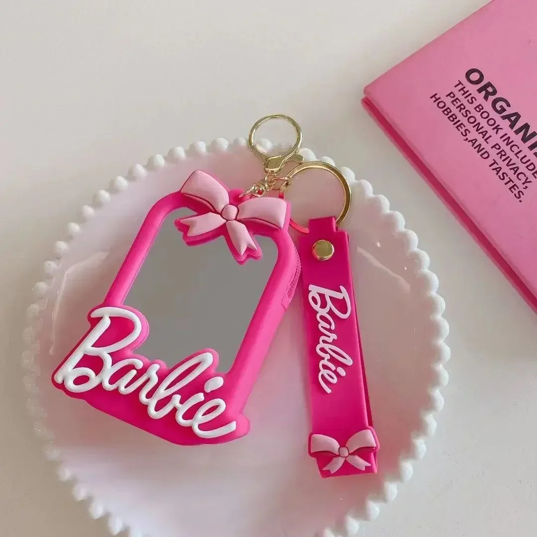 MINISO Pink Barbie Wallet Keychain – Silicone Bow Coin Pouch with Makeup Mirror & ID Holder | Cute Student Keyring Gift