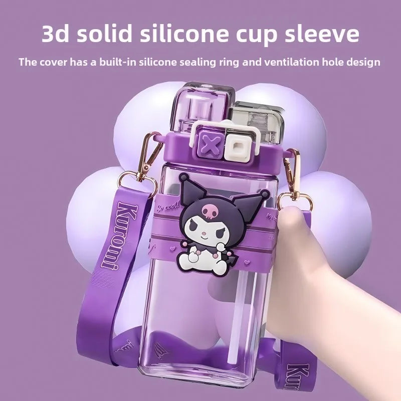 Sanrio Kuromi Kids Water Bottle – 520ml Large-Capacity Cute Cartoon Plastic Cup with Dual Drinking Options