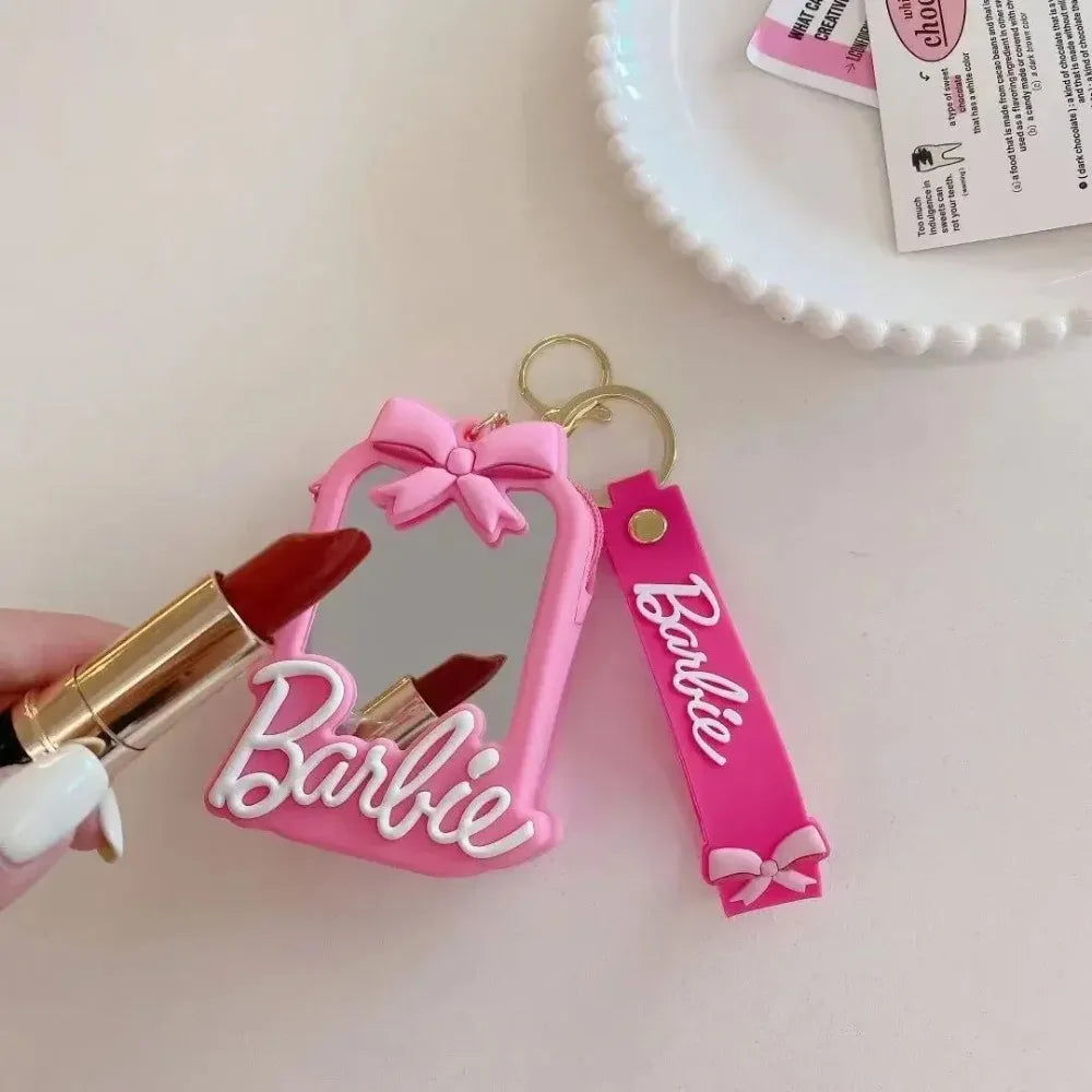 MINISO Pink Barbie Wallet Keychain – Silicone Bow Coin Pouch with Makeup Mirror & ID Holder | Cute Student Keyring Gift