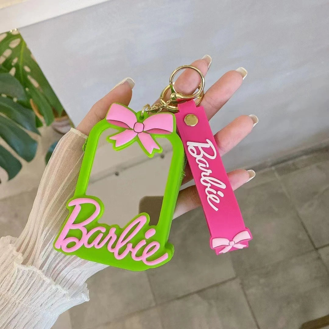 MINISO Pink Barbie Wallet Keychain – Silicone Bow Coin Pouch with Makeup Mirror & ID Holder | Cute Student Keyring Gift